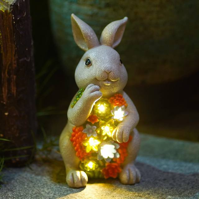 Factory Wholesale Customize Outdoor Solar Light Statues Resin Rabbit Garden Decor Ornament