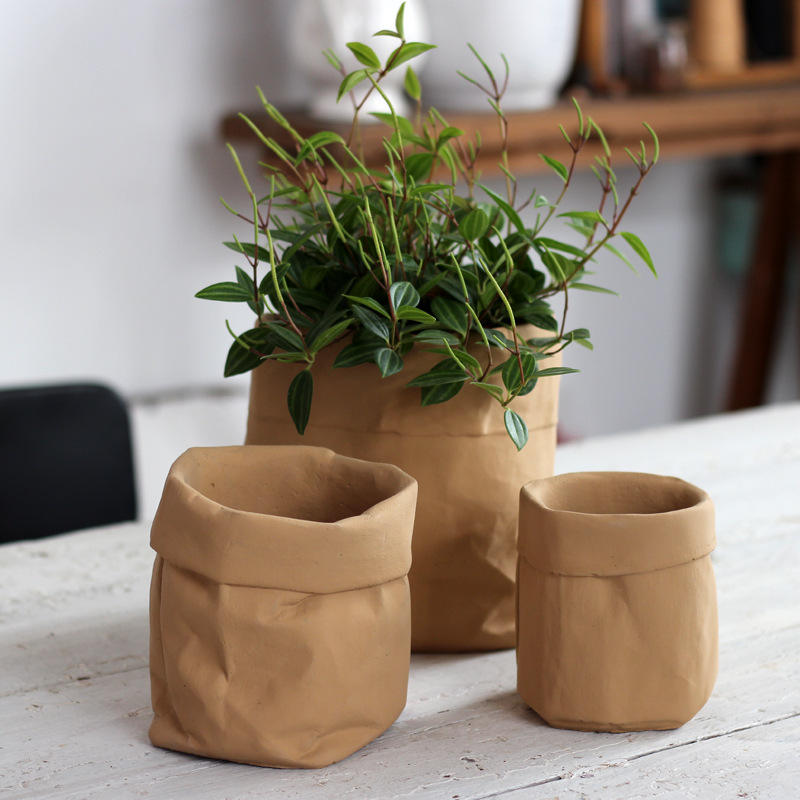 Nordic Simple Modern Simulation Cowhide Cement Cloth Bag Flower Pot For Home Decor Potted Plant Container