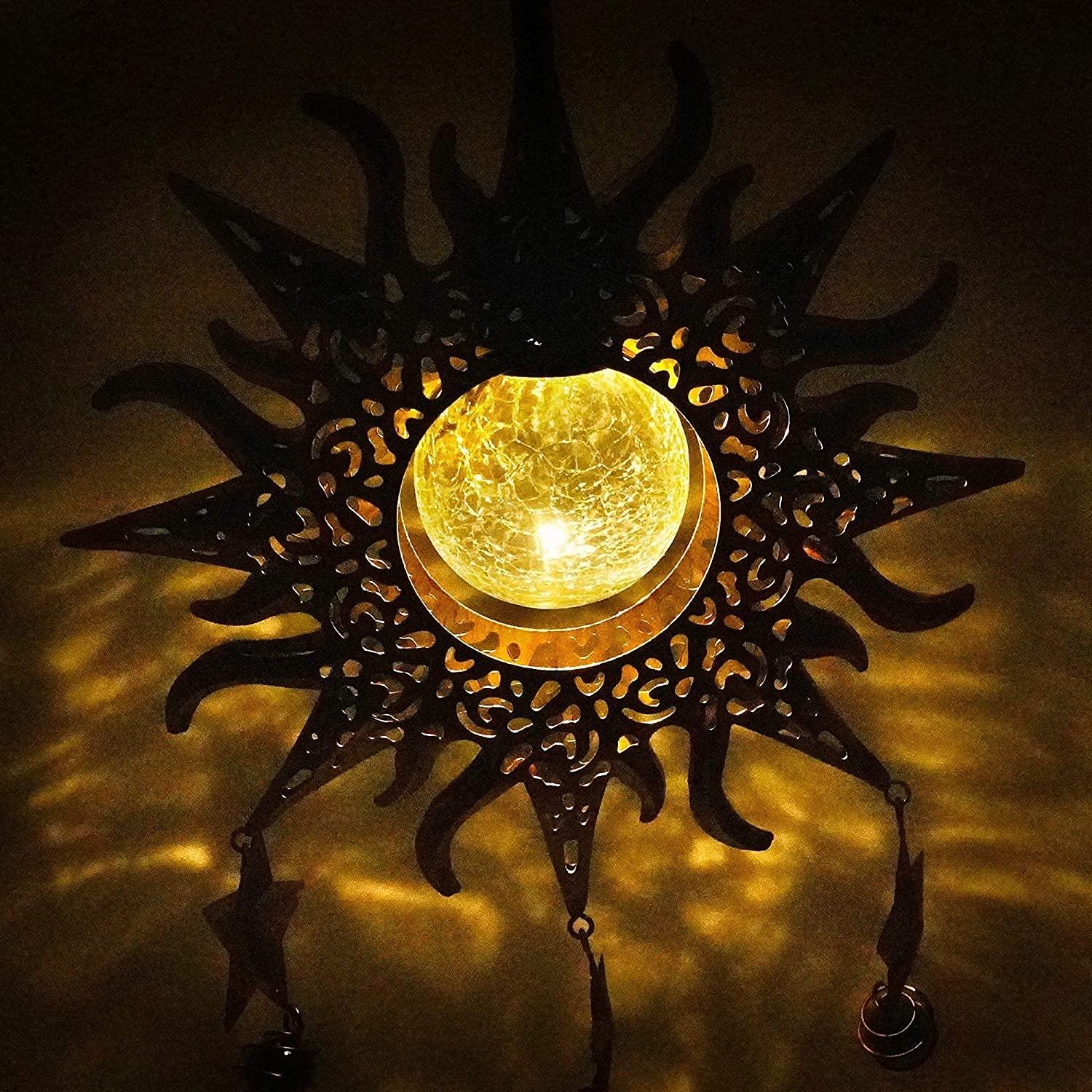 Solar Garden Lights Decoration Hanging Sun Star & Moon Decor Warm White Led Crackle Glass Globe Metal Wind Chimes Outdoor