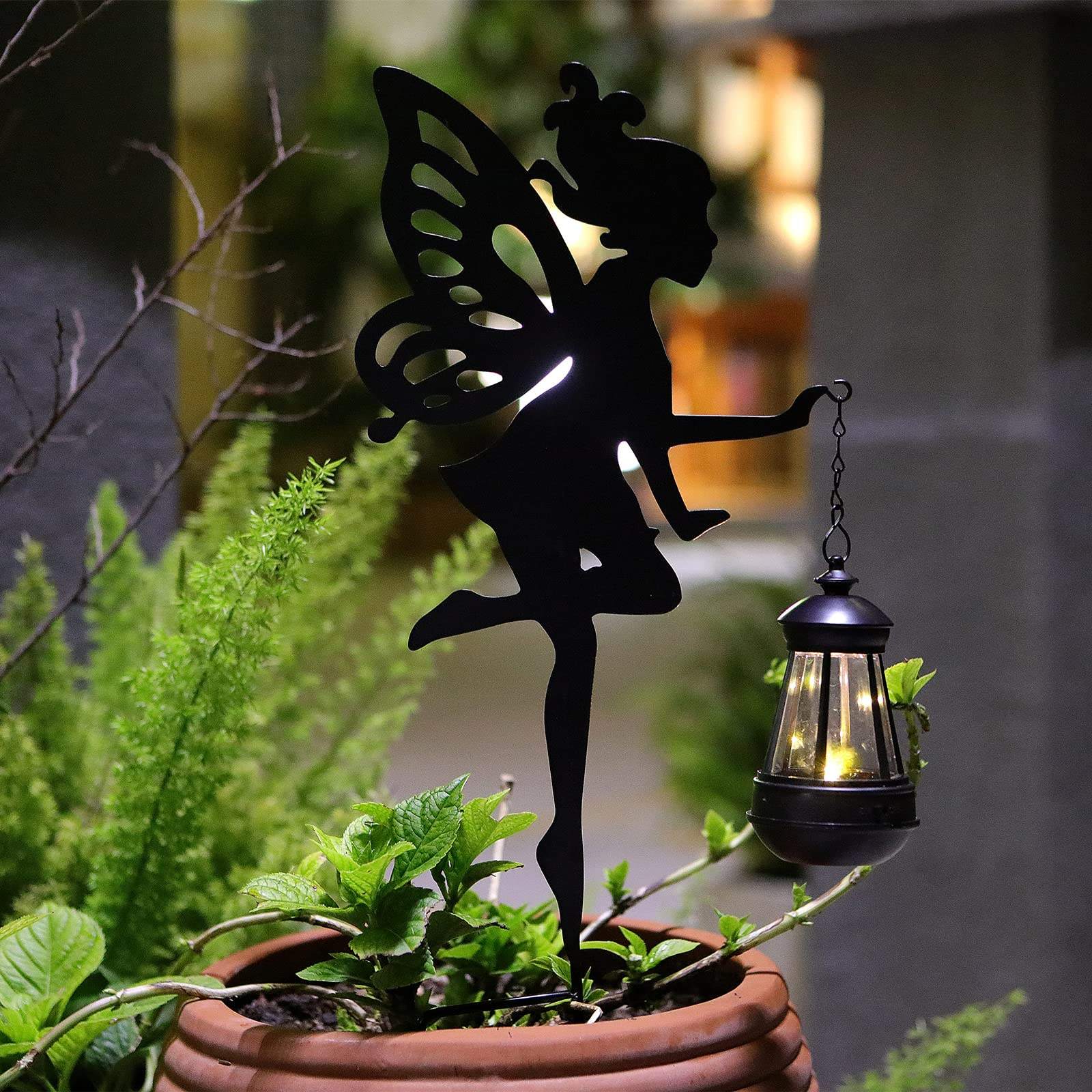 Outdoor Garden Decoration Solar Metal Fairy Hanging Lantern Silhouette Light Stake For Lawn Patio Courtyard Gifts