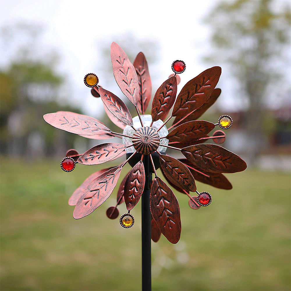 Outdoor Antique Metal Solar Wind Spinner Tree Leaves Color Changing Led Light Stake For Garden Lawn Yard Art Decor