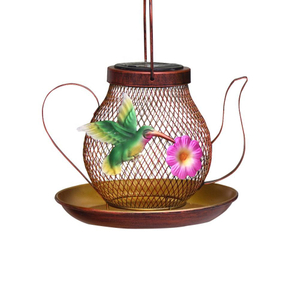 New Outdoor Hanging Metal Kettle Shape Bird Feeder With Solar Garden Lantern Wild Bird Lovers Feeders