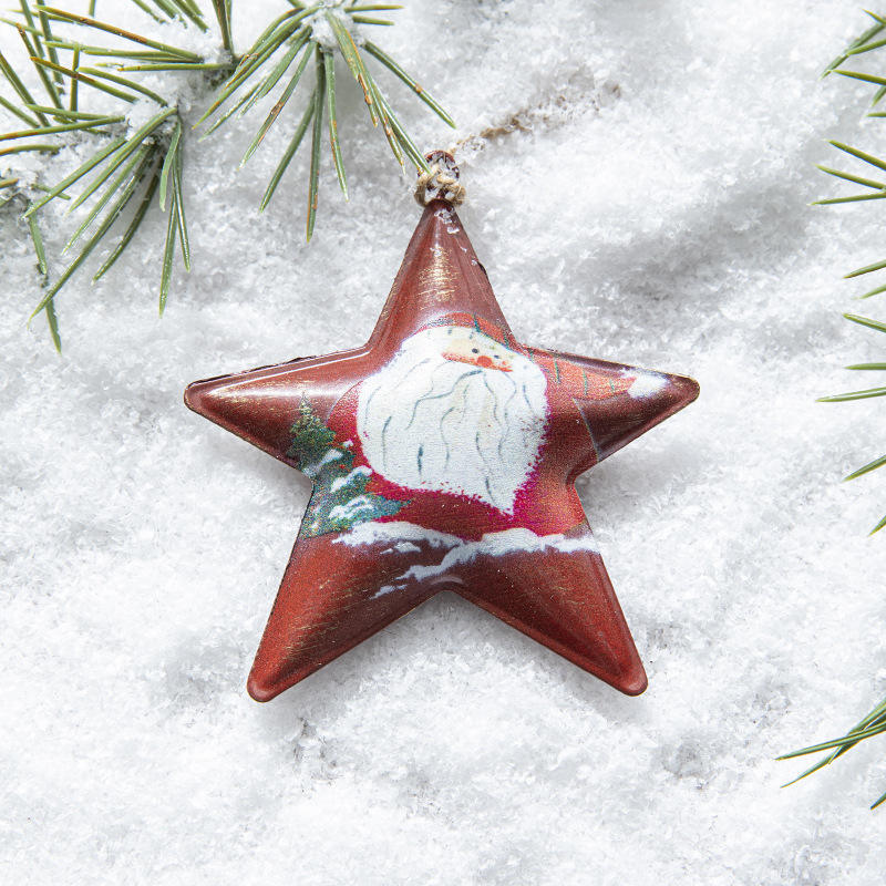2022 Cute Cartoon Pentagram Heart Shape Santa Claus Hanging Pendant Xmas Tree Ornament Metal Christmas Tree Decor