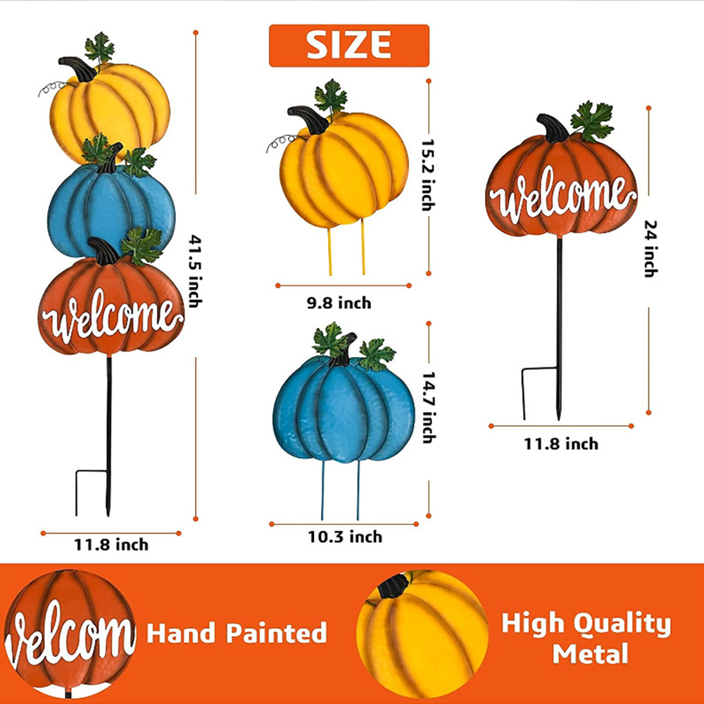 Outdoor Fall Stacked 3 Pumpkin Metal Garden Stake For Thanksgiving Yard Lawn Backyard