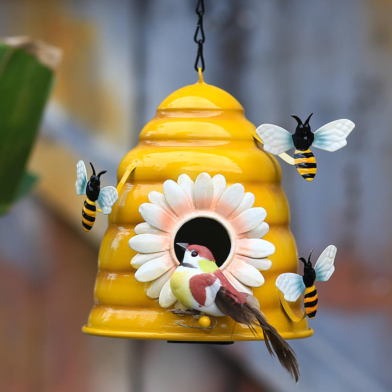 Outdoor Decor Garden Hanging Metal Honeybee Bird House For Hummingbirds Tit Bluebird Cardinal