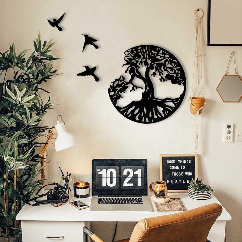 Home Decoration Metal Decoration Tree Of Life Birds Indoor Garden Crafts Wall Art Modern