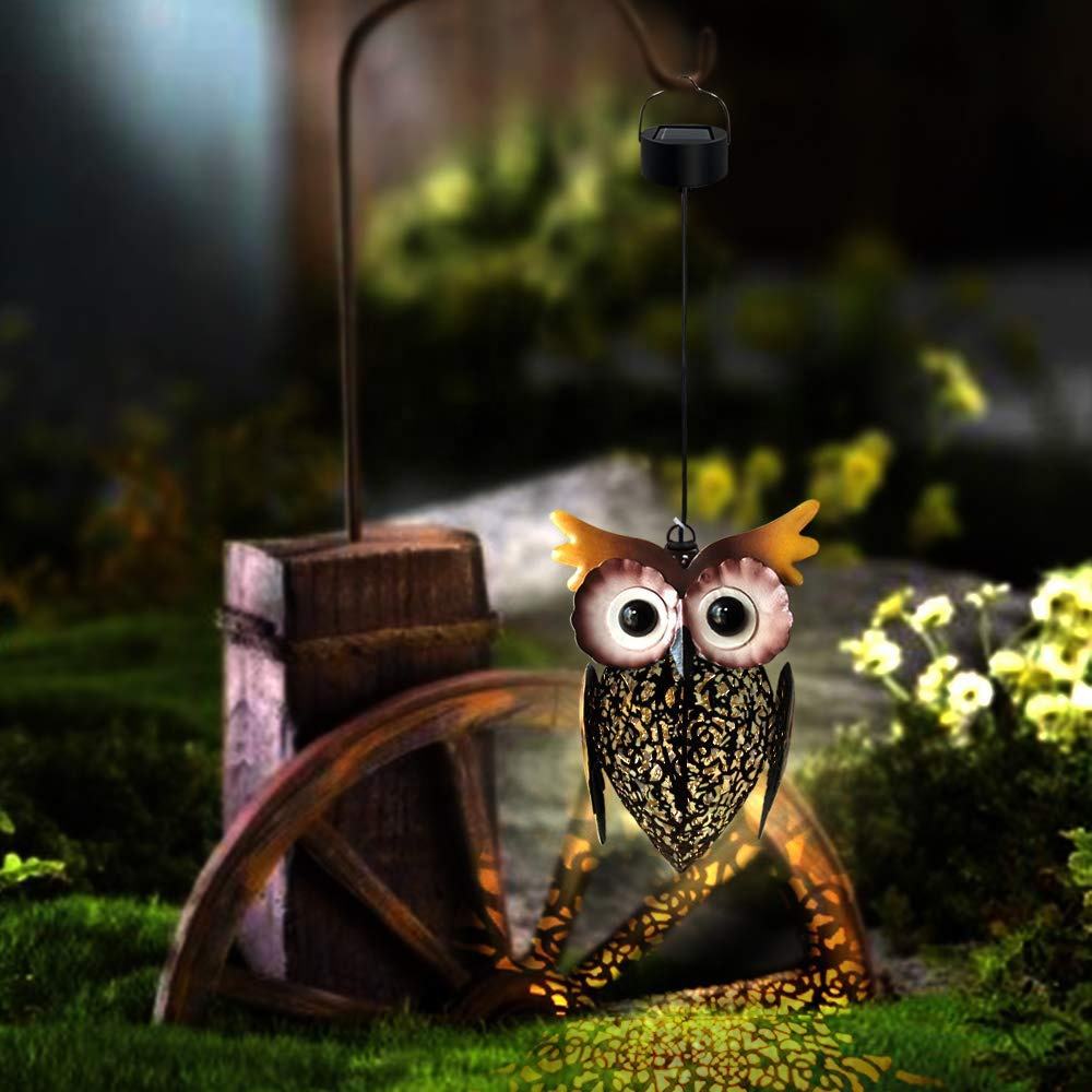Outdoor Vintage Hanging Cute Brown Owl Solar Lantern Lights For Garden Patio Porch Christmas Decoration Gifts