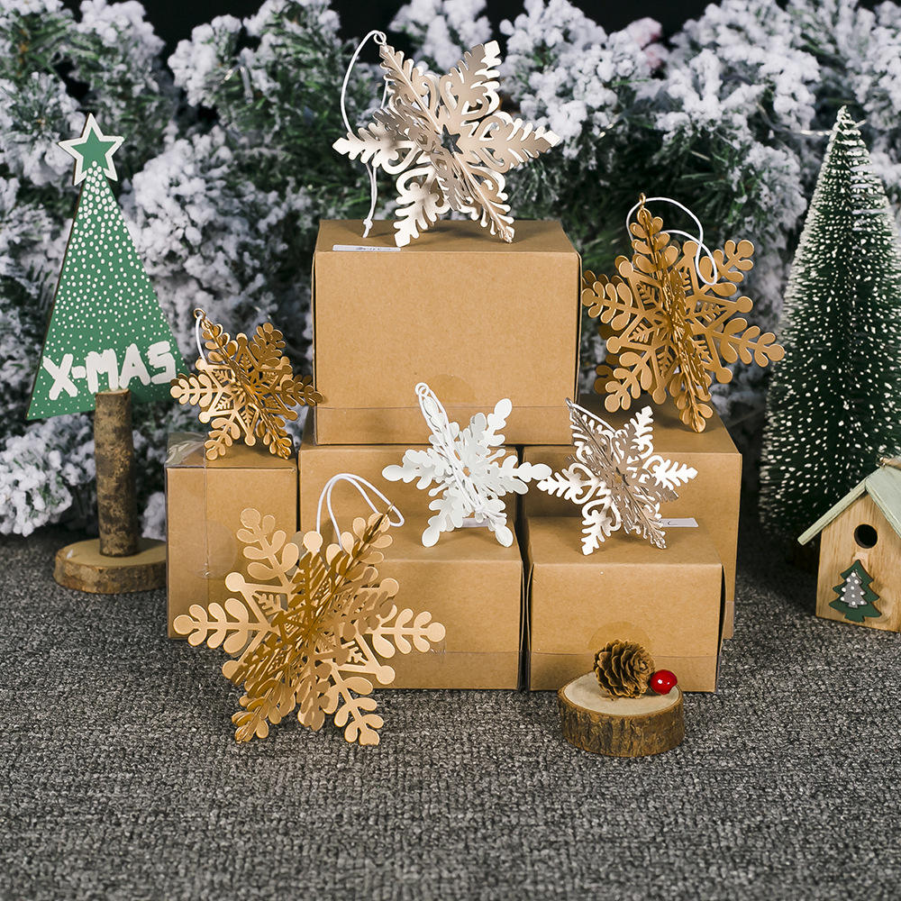 2022 Explosive Models Golden Metal Christmas Ornaments Creative Stereo Openwork Snowflake For Xmas Tree Small Pendant