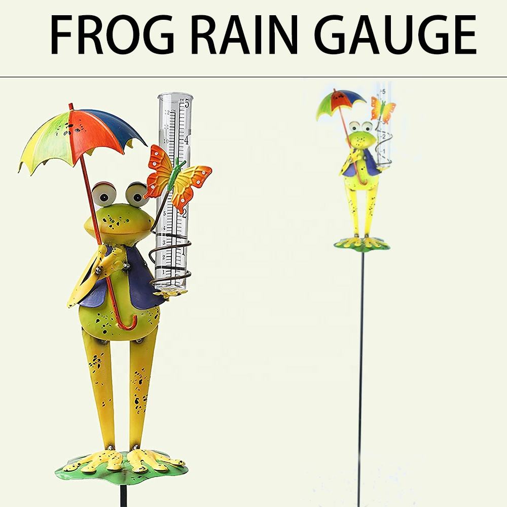 Outdoor Cute Personality Metal Umbrella Frog Rain Gauge Meter For Walkway Patio Pathway Yard Lawn Garden Decor