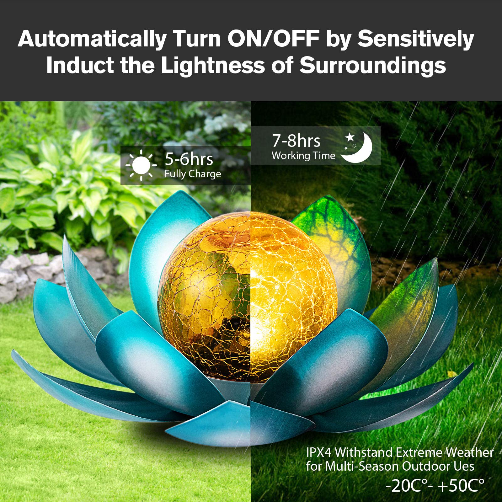 Outdoor Waterproof Led Solar Crackle Glass Ball Lotus Light For Home Patio Pathway Garden Path Lawn Decoration Landscape Lamp