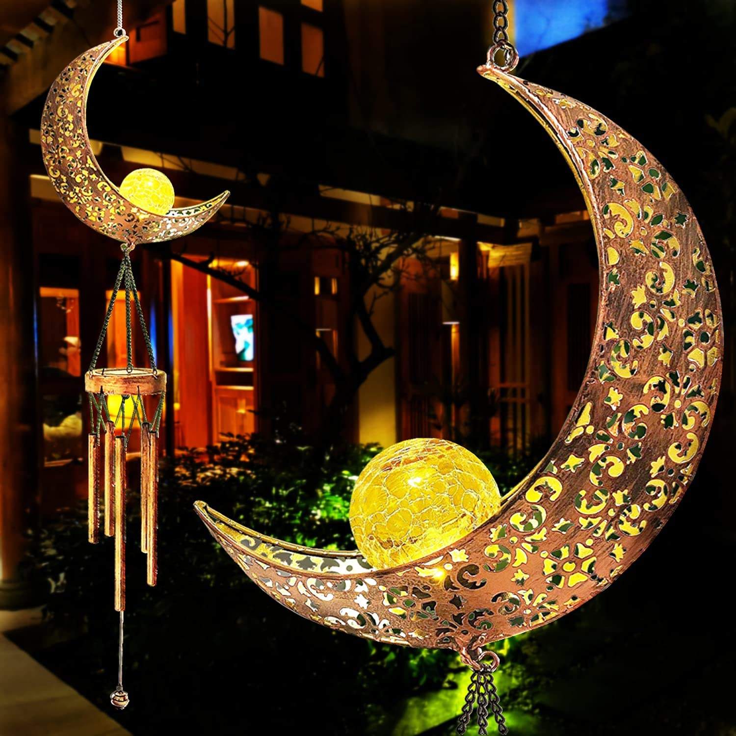 Hanging Outdoor Moon Crackle Glass Ball Solar Wind Chimes Light For Patio Porch Deck Garden Decor