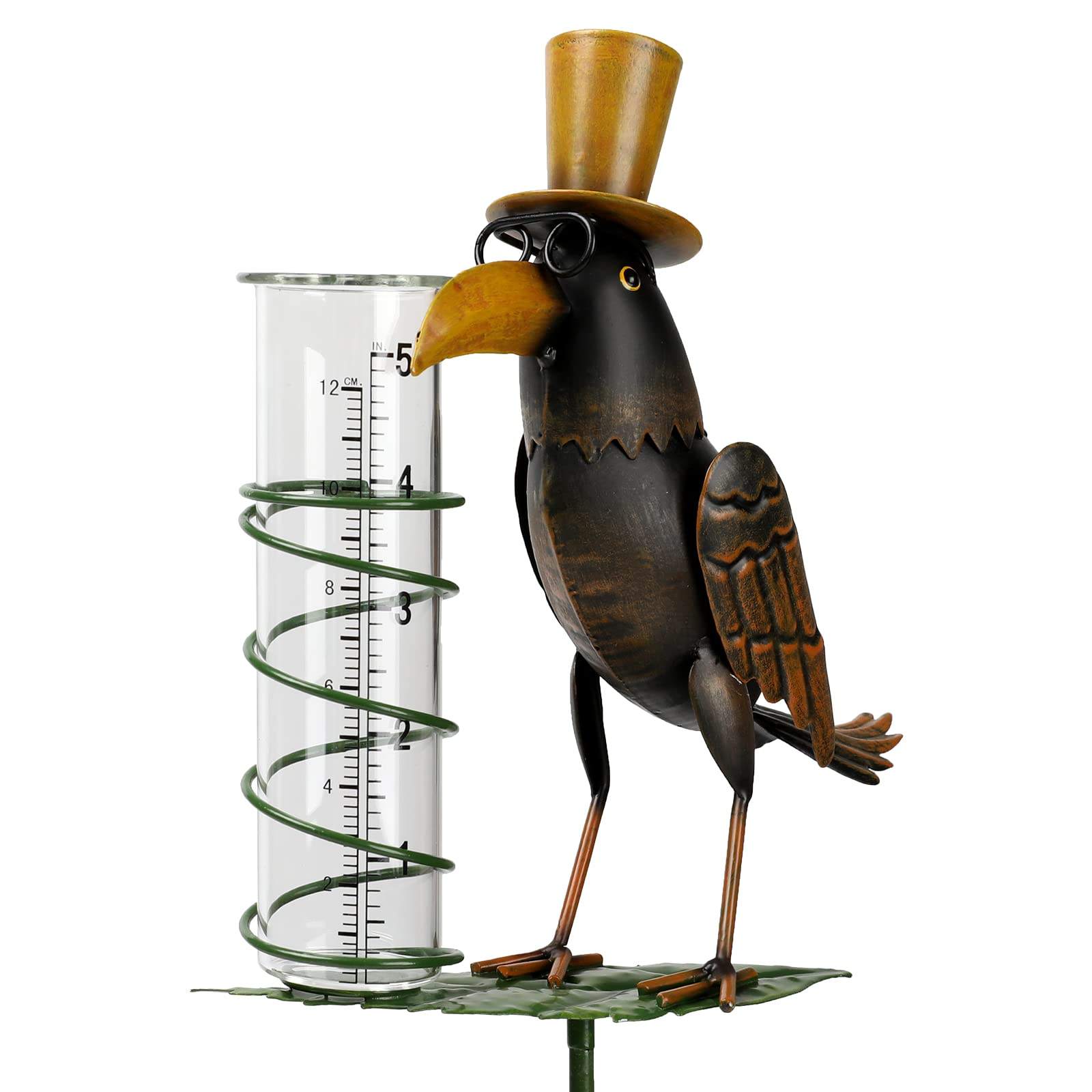 Outdoor Metal Crow Figurine Rain Gauge Stake With Plastic Tube 9.05" W X 3.54" D X 40" H For Yard Garden Stakes Decor