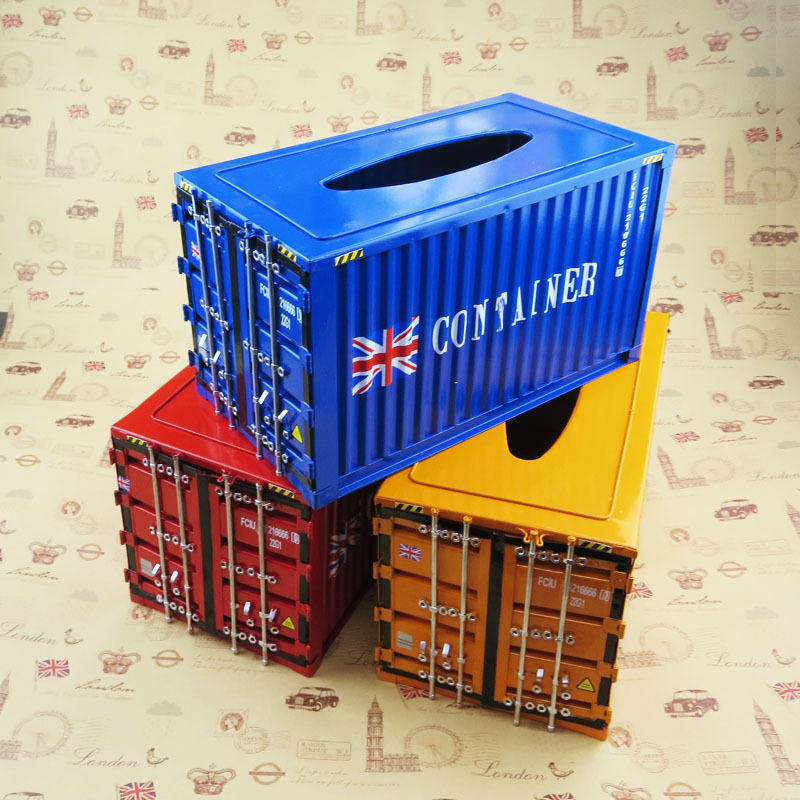 Creativity Home Decor Metal Craft Shipping Container Model Tissue Boxes For Desktop Paper Towel Storage Ornament