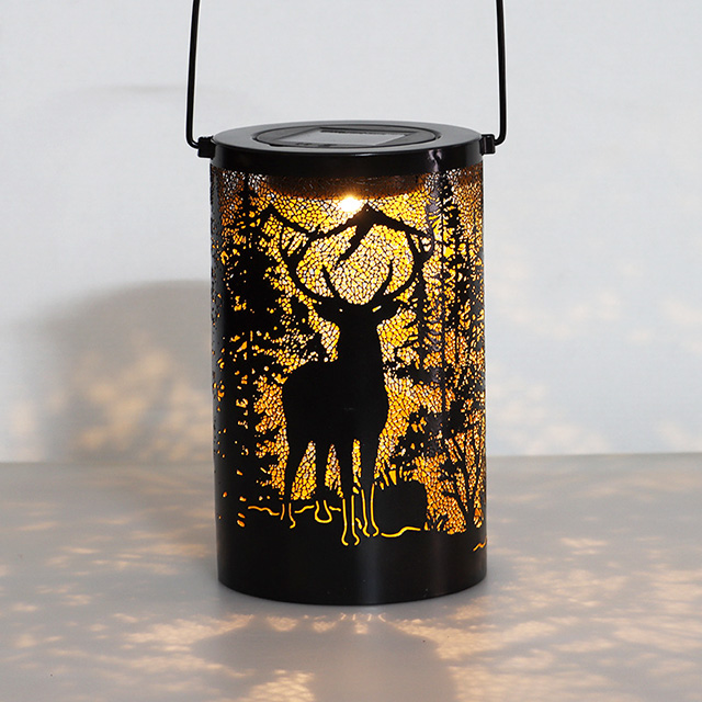 Outdoor Waterproof Metal Forest deer hollow out Solar Lantern for Patio Pathway Landscape Home Decor