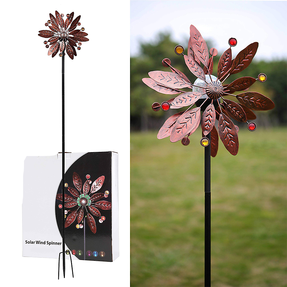 Outdoor Antique Metal Solar Wind Spinner Tree Leaves Color Changing Led Light Stake For Garden Lawn Yard Art Decor