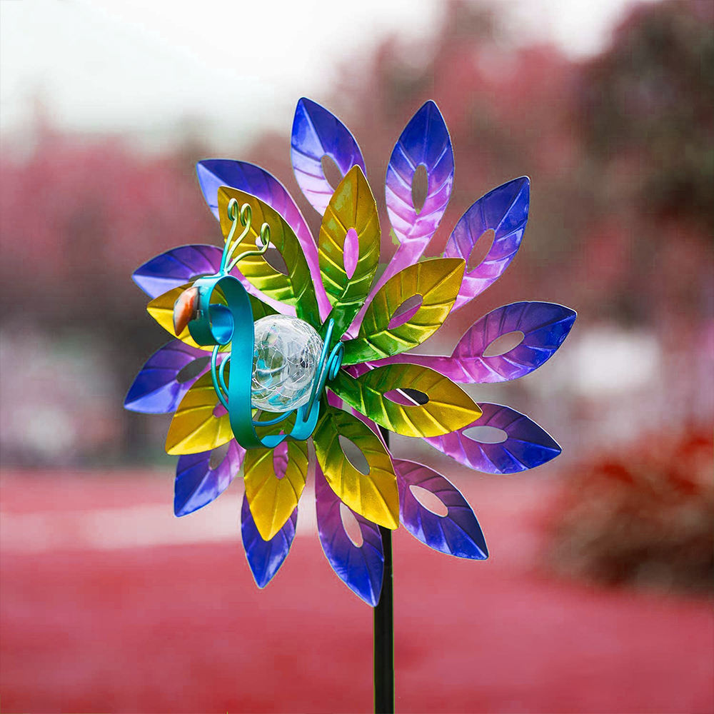 European Style Outdoor Waterproof Solar Garden Metal Peacock Wind Spinner Stake Lights For Garden Patio Lawn Decor