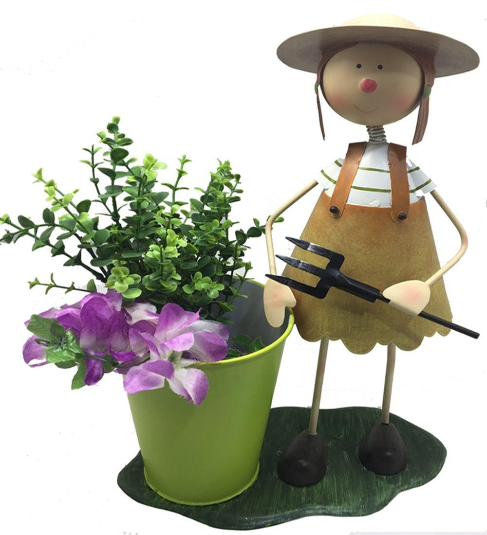 Handicraft metal boy and girl Flower Planter Pot with bucket for Home Garden decorations