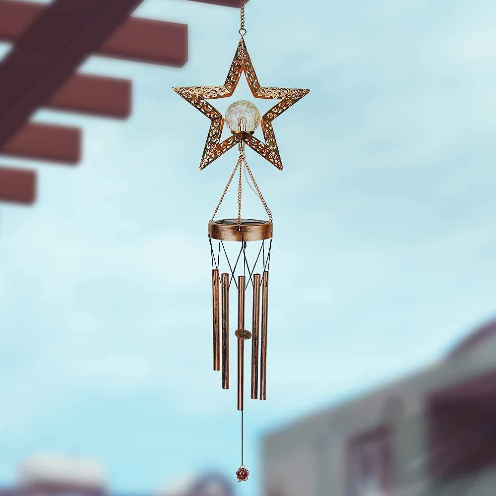 Outdoor Indoor Crackle Glass Ball Led Star Waterproof Metal Unique Solar Windchimes Wind Chimes