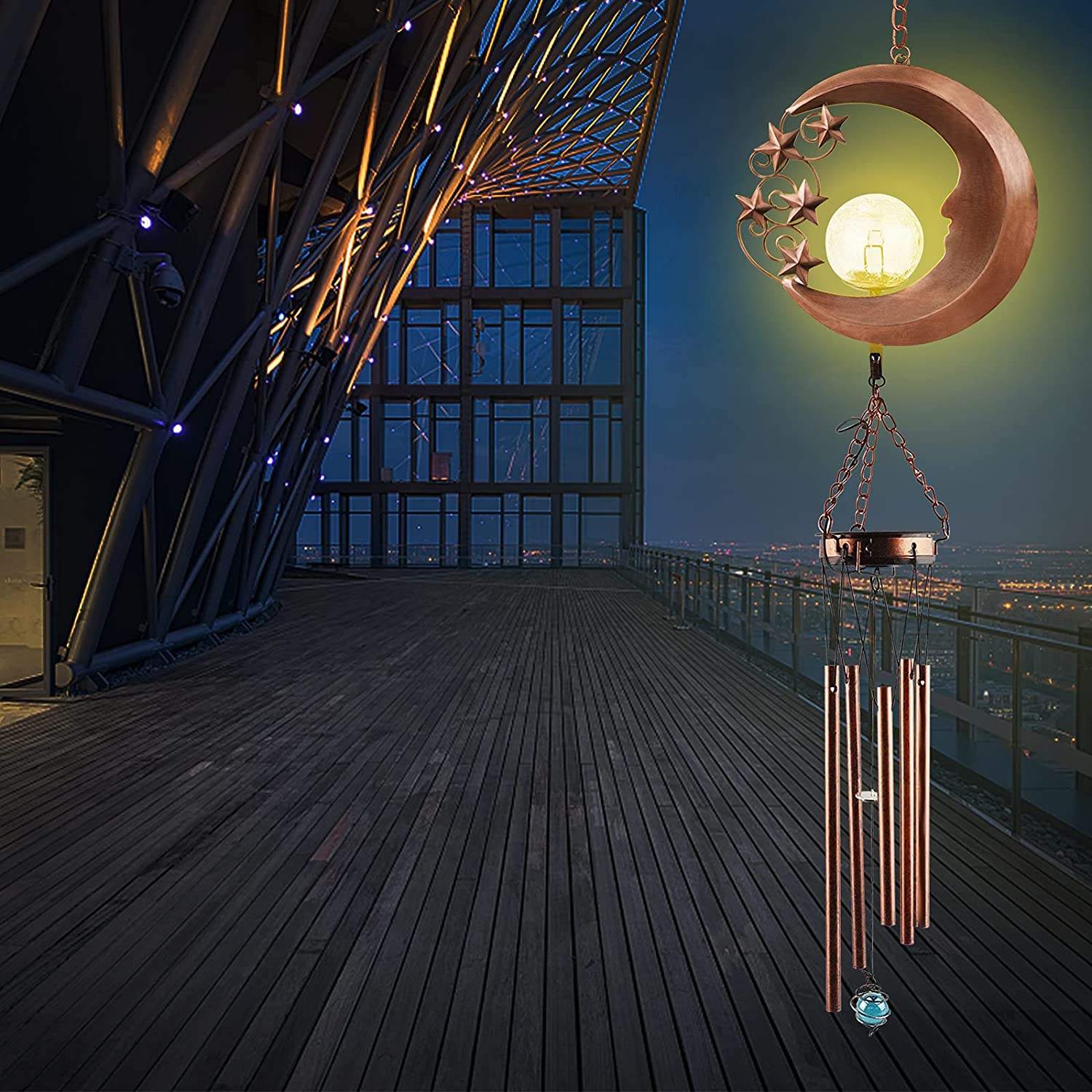 Outdoor Hanging Metal Moon Sun Waterproof Warm Led Lights Garden Yard Solar Wind Chime Light
