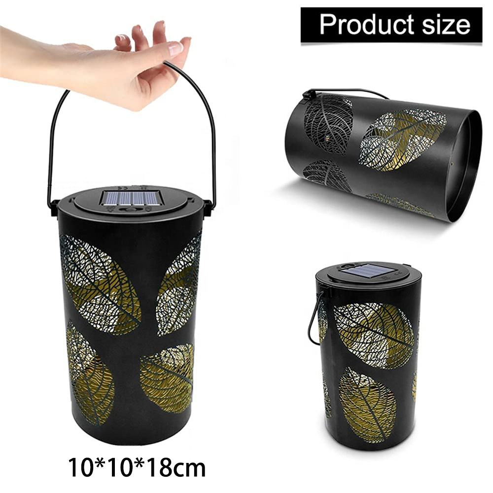 Outdoor Hanging Waterproof Led Hollow Out Leaf Shape Metal Solar Lantern Light For Garden Yard Table Decoration